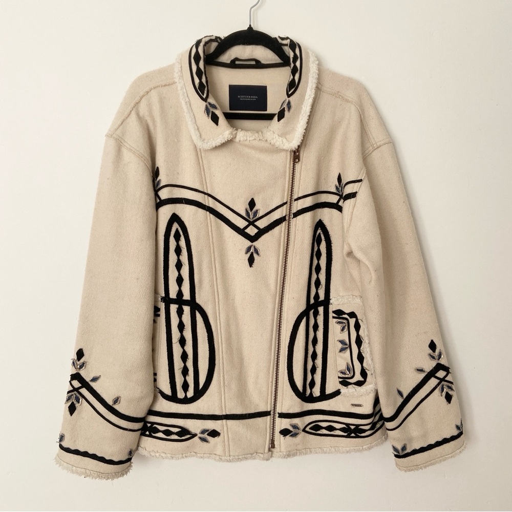 Scotch and Soda Wool Embroidered Biker Jacket in Cream size Medium Spanish